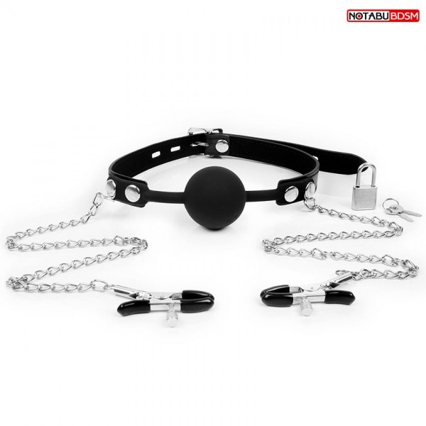 Кляп с зажимами на соски "Notabu" черный 